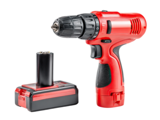 Red cordless drill and battery