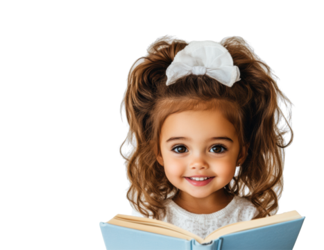 Smiling girl with book and fluffy hair on Transparent Background