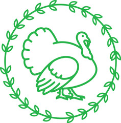 Stylized Green Turkey in a Floral Wreath Illustration for Festive Celebrations and Thanksgiving Designs Featuring a Clean Vector Outline Design Perfect for Festive Greetings