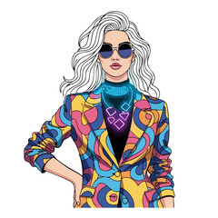 Stylish Woman in Psychedelic Blazer with Sunglasses and Necklace.
