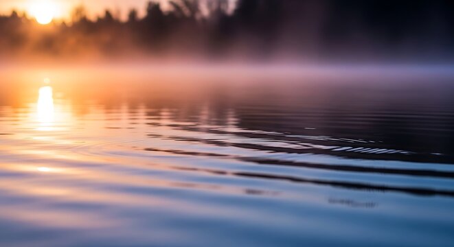 Golden hour sunrise over misty lake with gentle ripples on the water's surface