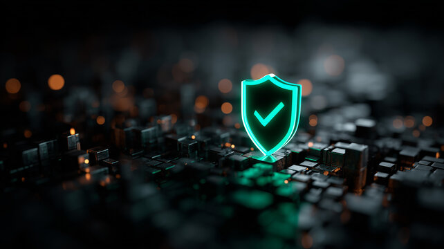 A neon shield with checkmark stands on digital blocks symbolizing verified cybersecurity systems, data trust and robust protection infrastructure.
