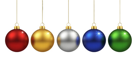 Colorful Christmas ornaments hanging, festive holiday decoration, red, gold, silver, blue, green baubles for celebration