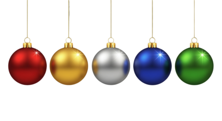 Colorful Christmas ornaments hanging, festive holiday decoration, red, gold, silver, blue, green baubles for celebration