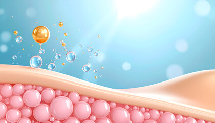 Skincare concept illustration skin layers with gold serum molecules and bubbles