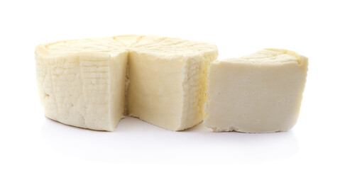Round fresh cheese with cut slice.
