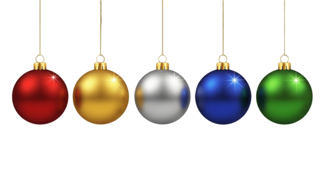 Colorful Christmas ornaments hanging, festive holiday decoration, red, gold, silver, blue, green baubles for celebration