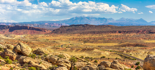 Arches Scenic Road winds through Salt Valley in Arches National Park, Utah
