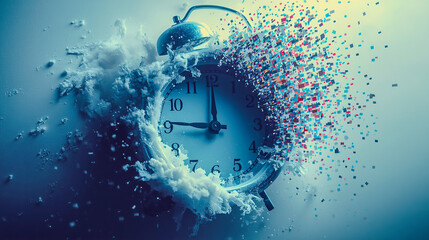 A surreal frozen clock face shatters and dissolves into tiny pixel dust, blending time, abstraction, and digital decay in a striking futuristic scene.