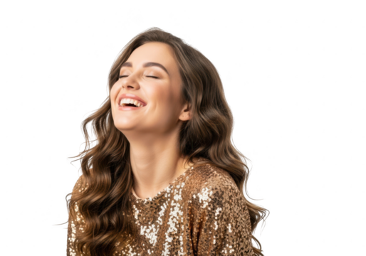 Joyful woman in sequined dress laughing, isolated on transparent background - Powered by Adobe