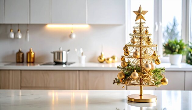 モダンキッチンに飾られたゴールドのクリスマスツリー構図 | Elegant Golden Christmas Tree in Modern Kitchen Interior with Natural Light and Festive Atmosphere
- Powered by Adobe