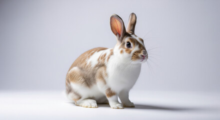 Obraz premium Cute Brown and White Rabbit Looking Alertly on a Clean White Studio Background