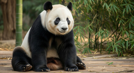 Obraz premium Adorable Giant Panda Sitting Peacefully in Lush Bamboo Forest