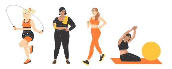 Set of women doing sports activities such as yoga, running, skipping and Pilates for healthy lifestyle