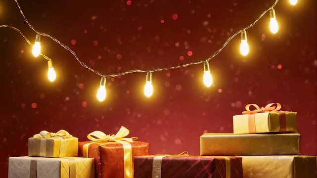 Presents beneath string lights, warm illumination against a festive red backdrop