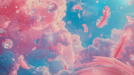 A pastel dreamscape filled with floating crystalline feathers, creating a soft surreal atmosphere with delicate light and airy elegance.