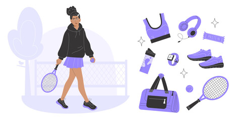 Tennis sports set with young woman playing tennis, active lifestyle and fitness concept