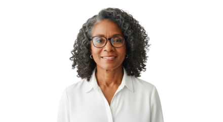 Portrait of a smiling black woman with glasses and curly hair, isolated on transparent background