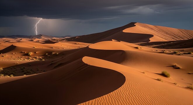 Powerful lightning bolt illuminates vast desert dunes under a dramatic, stormy sky, capturing the raw energy and untamed beauty of nature's awe-inspiring spectacle