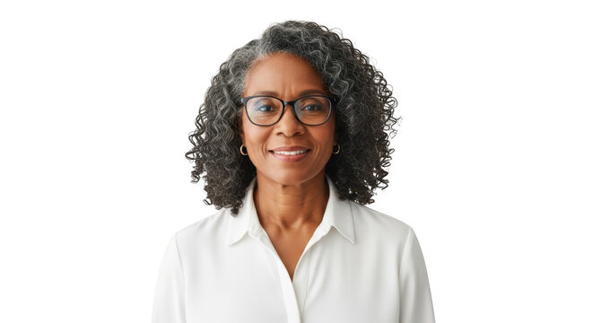 Portrait of a smiling black woman with glasses and curly hair, isolated on transparent background