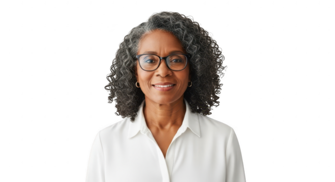 Portrait of a smiling black woman with glasses and curly hair, isolated on transparent background