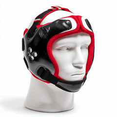 Wrestling headgear displayed on a mannequin head for sports equipment