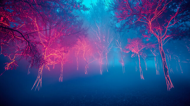 A neon geometric forest filled with transparent softly glowing trees creates a serene futuristic atmosphere with delicate luminous structure.