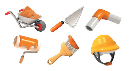 Construction Tools vector 3d icon set with Safety Helmet, Wheelbarrow and painting brush or roller