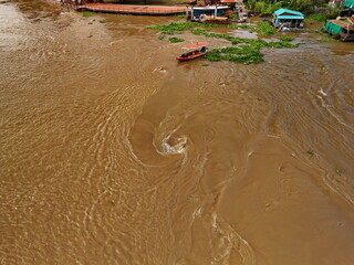 River Boats Aerial View  Waterway Transport  Thai River from Above flood