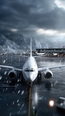 Fototapeta premium Snow covers the ground as technicians service an aircraft inside a well-lit hangar at night, focusing on routine maintenance