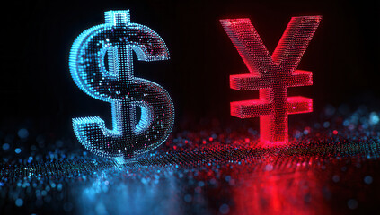 Currency symbols in digital format representing the dollar and yen in a vibrant, glowing design