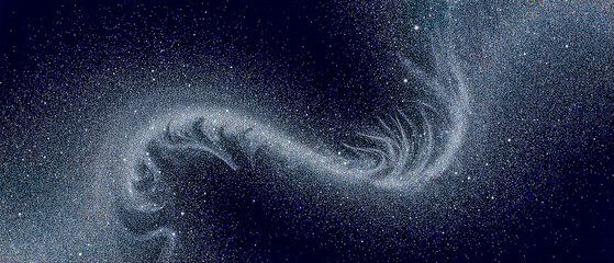 An abstract swirling wave of glitter dust sweeps diagonally, creating a dynamic, sparkling motion across a soft, ethereal background.