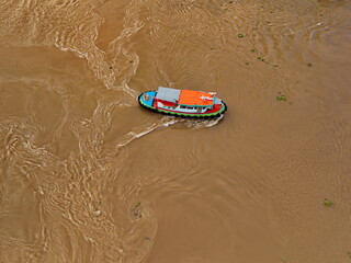 River Boats Aerial View  Waterway Transport  Thai River from Above flood