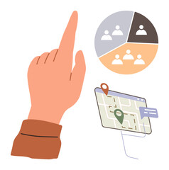 Hand gesture indicating group segmentation diagram with individuals and navigation map featuring markers and speech bubble. Ideal for teamwork, navigation, communication, targeting, data analysis