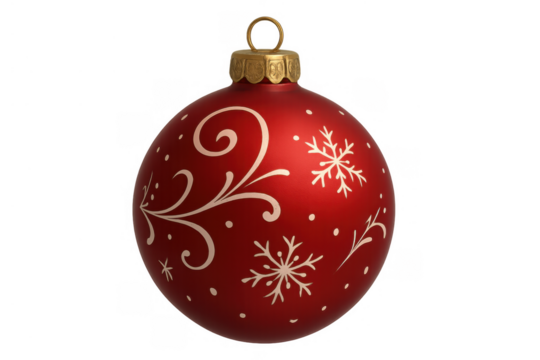 Red christmas ornament with white snowflake and swirl decorations for holiday season, transparent background