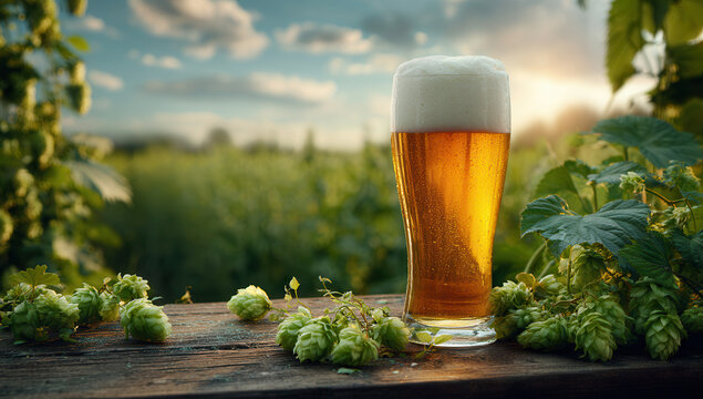 Golden beer in glass next to fresh hops in a scenic field during sunset