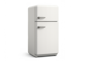 White retro refrigerator with vintage design and top freezer, modern kitchen appliance on transparent background