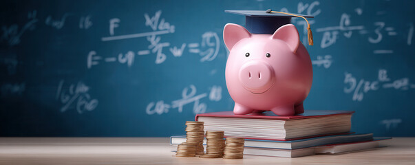 Piggy bank wearing graduation cap on books with coins stacks represents saving for education