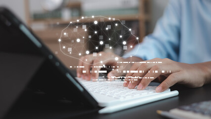 AI neural network interface with hands typing on keyboard machine learning concept