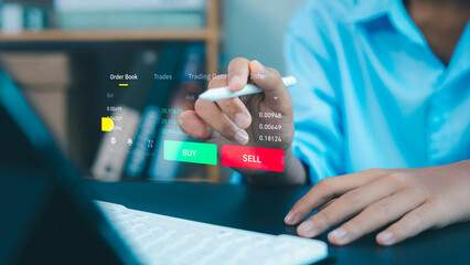 Modern fintech trading interface with hand using digital pen for buy sell investment
