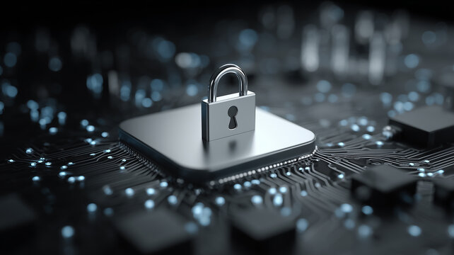 A padlock resting on a microchip inside a circuit board symbolizing cybersecurity protection, encrypted systems and secure data hardware structure.
