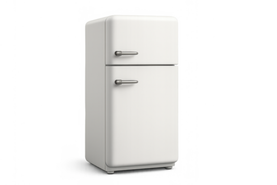 White retro refrigerator with vintage design and top freezer, modern kitchen appliance on transparent background