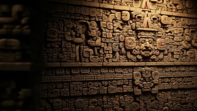Intricate stone carving featuring a detailed ancient face with geometric patterns and symmetrical designs on a historic wall