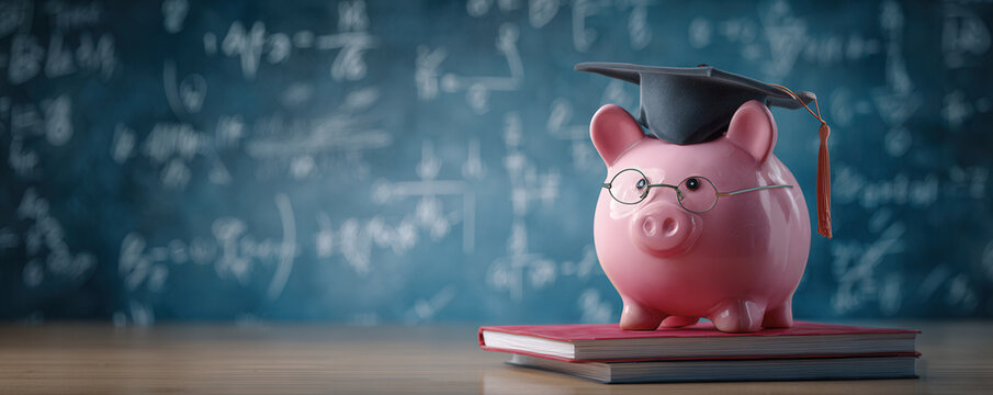 Piggy bank wearing graduation cap and glasses sits on books with mathematical equations in the background