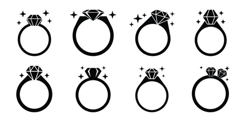 sparkling ring Valentine's Day icon set silhouette style and isolated on white background Vector illustration