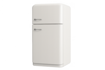 White retro vintage refrigerator appliance with freezer, classic fridge design, isolated on transparent background, 3d rendering