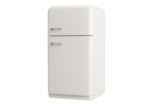 White retro vintage refrigerator appliance with freezer, classic fridge design, isolated on transparent background, 3d rendering