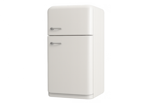 White retro vintage refrigerator appliance with freezer, classic fridge design, isolated on transparent background, 3d rendering