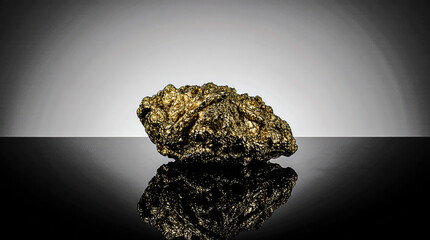 Golden ornament resting on reflective black surface.