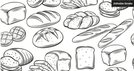 "Bread & Bakery Doodle Set &ndash; Hand-Drawn Baguette, Sourdough & Pastry Editable Stroke Icons"